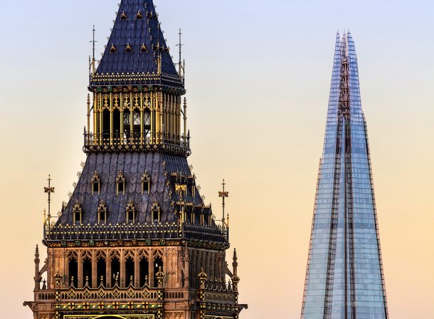 The Elizabeth Tower and The Shard, London.