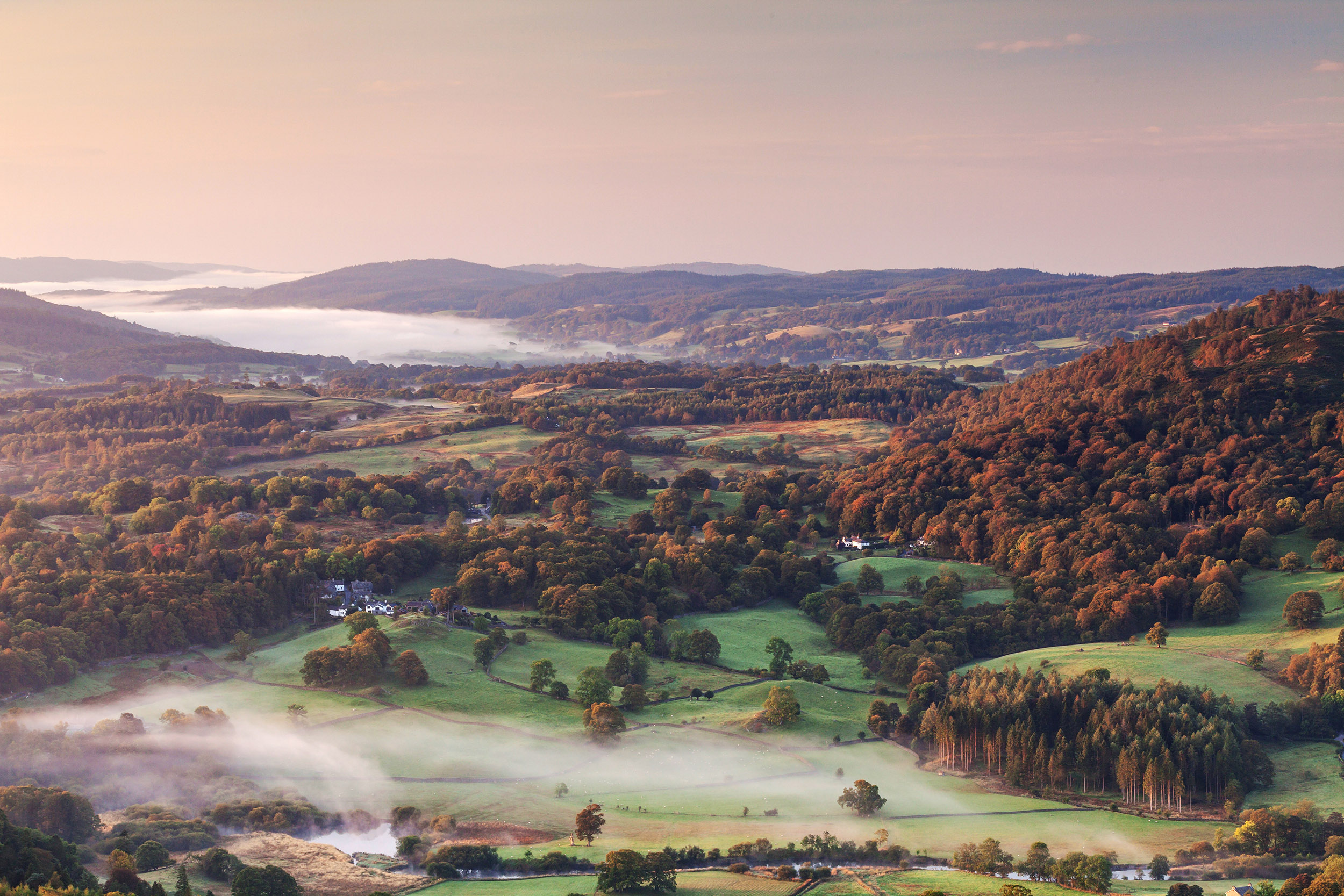 View over the Lake District national park on a misty autumn morning.