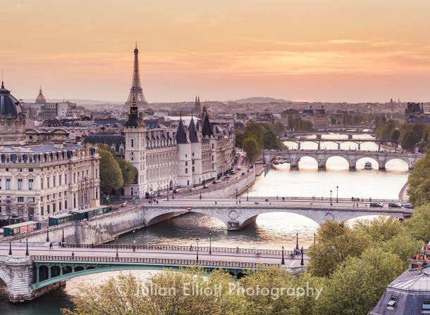 The city of Paris at sunset.