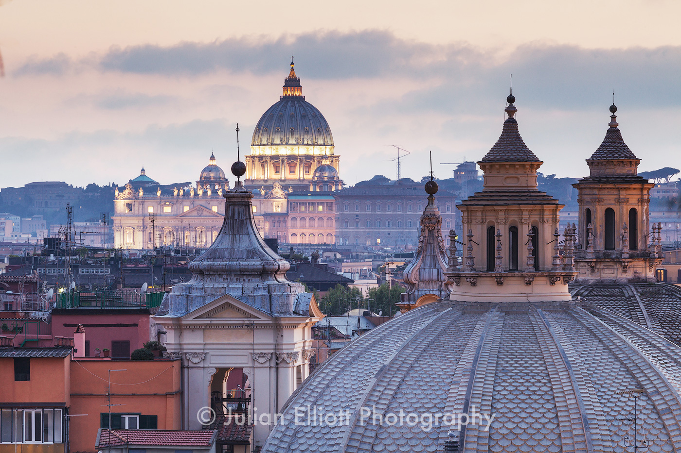 The rooftops of Rome to Saint Peter's basilica