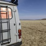 Russian Furgon van in the wilderness of Mongolia. Mongolia photography tour.