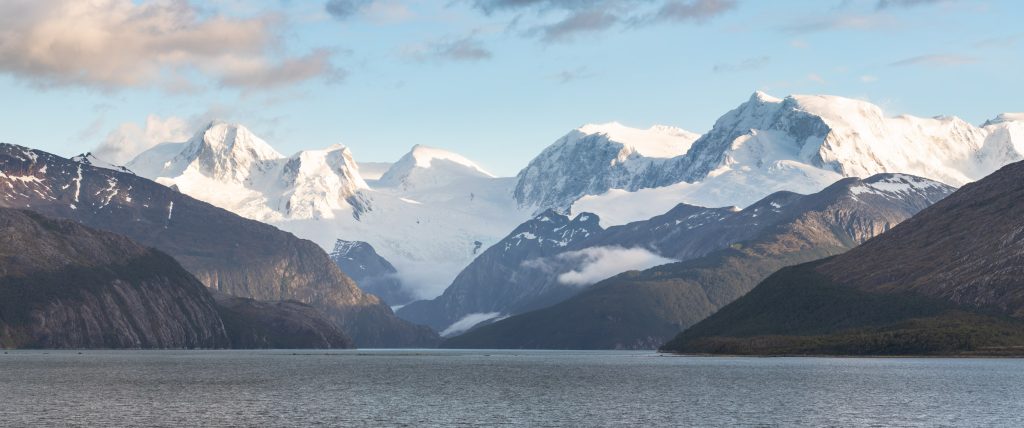 Panorama of the fjord leading to Pia Glacier in Tierra del Fuego, Chile.