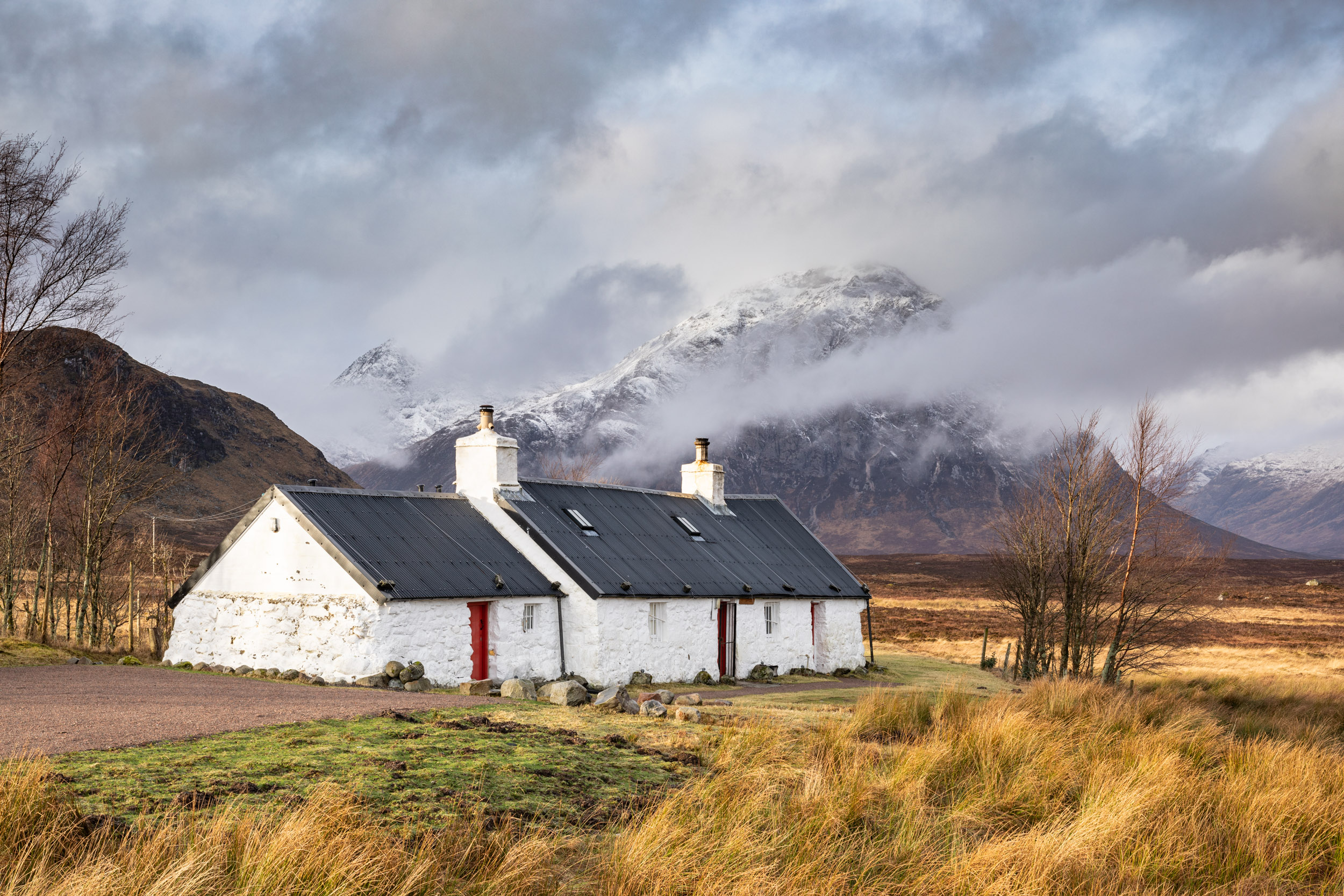 Black Rock Cottage on Rannoch Moor in the Scottish Highlands, UK.