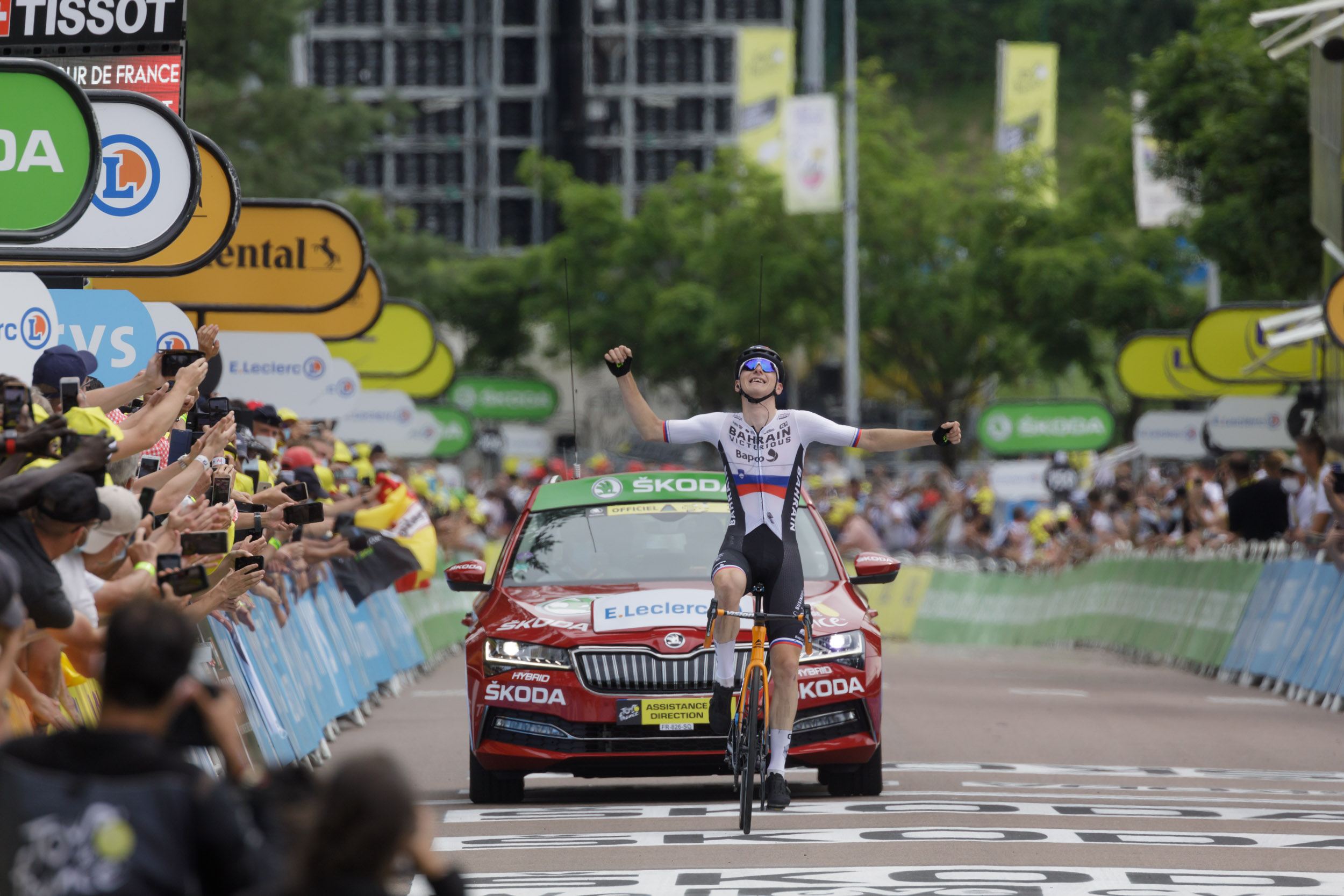 Matej Mohoric crossing the finish line of the 7th stage of the Tour de France in Le Creusot, France.