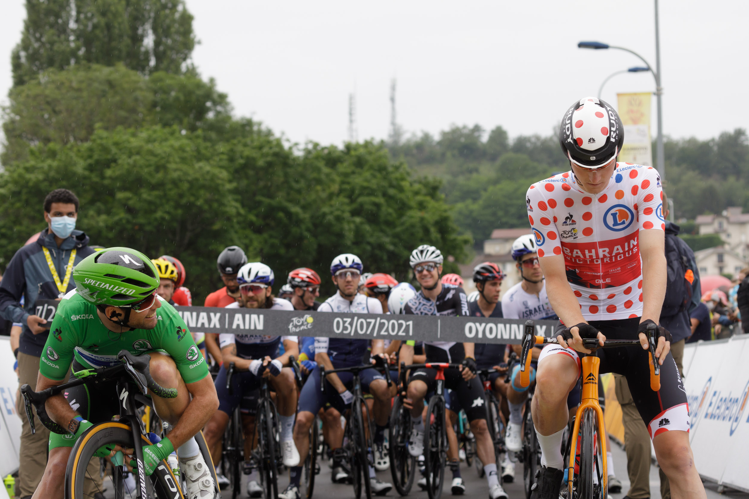 Matej Mohoric and Mark Cavendish at the start of the 8th stage of the Tour de France in Oyonnax, France.
