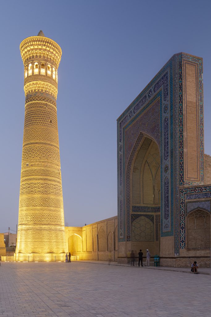 Looking out onto the Poi Kalyon Square in Bukhara’s old town towards the Kalyon Minar tower.
