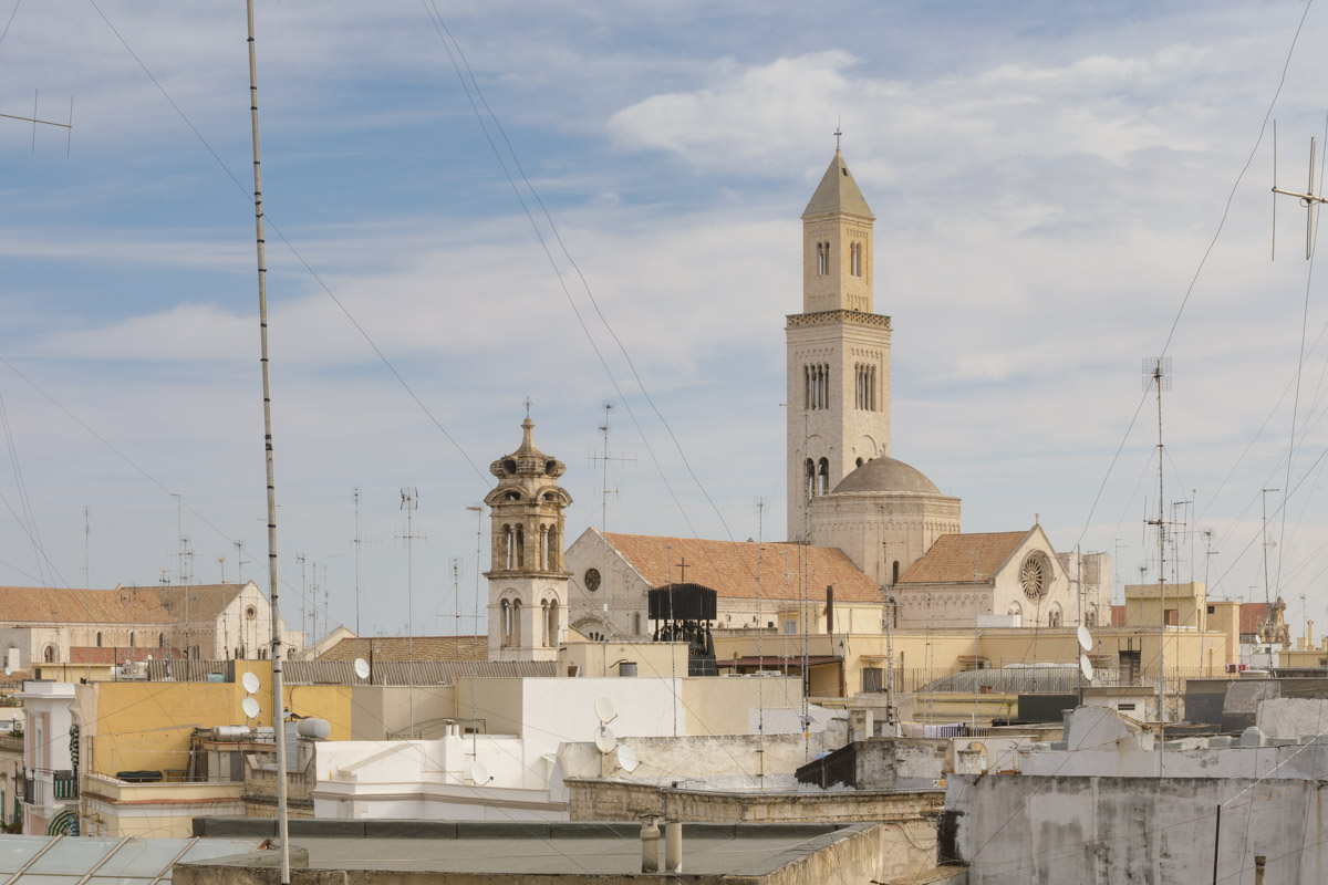 Looking over the rooftops of Bari to the cathedral or duomo.