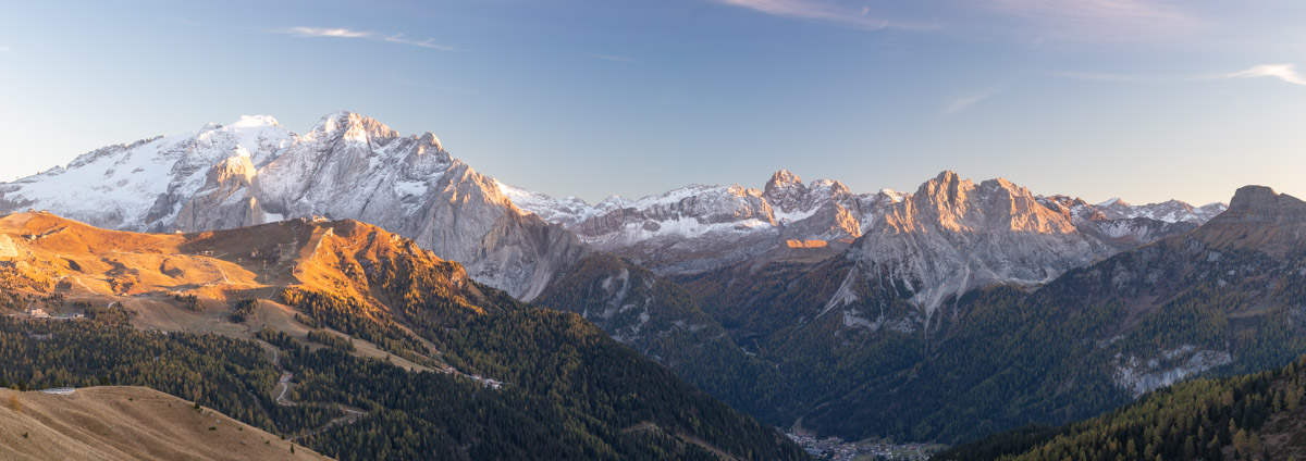 Panoramic image of the Sella Pass in the Dolomites, Italy.
