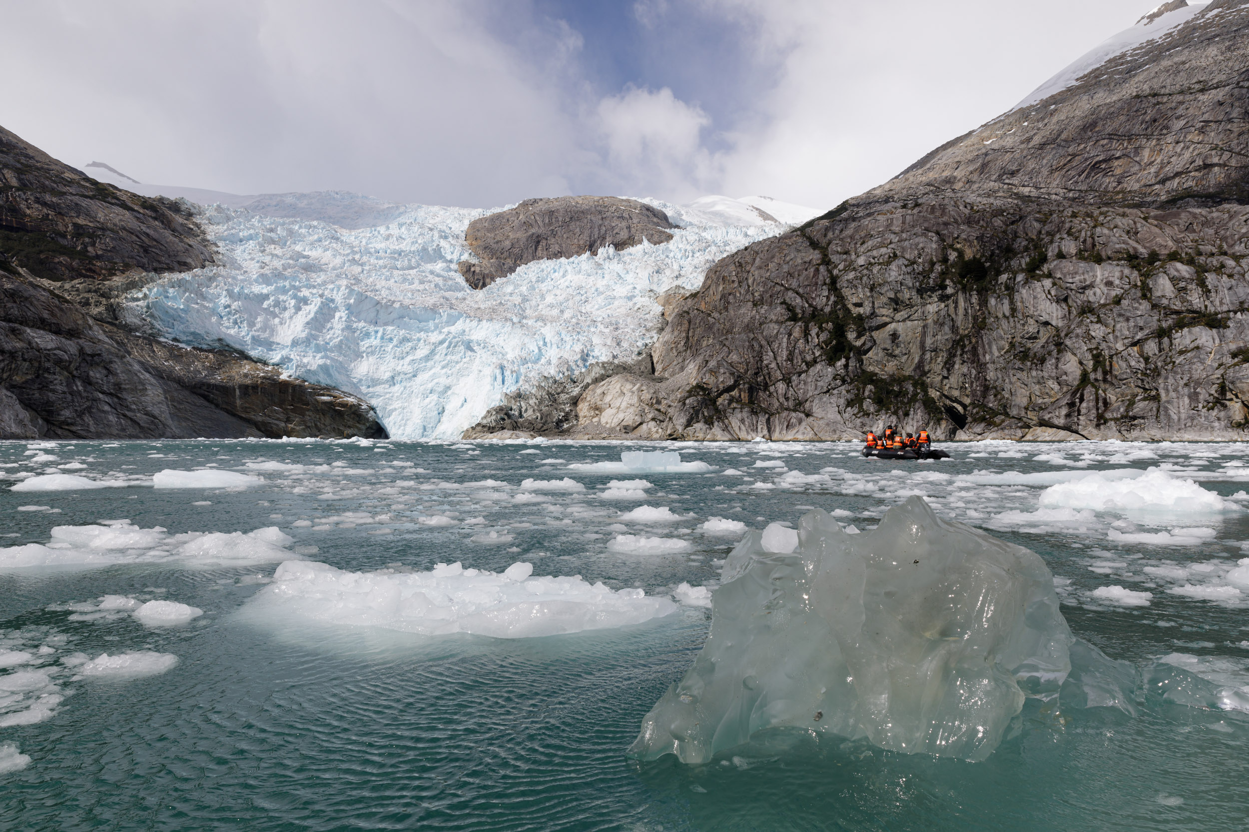 Floating ice in a fjord in Tierra del Fuego, Patagonia, Chile.