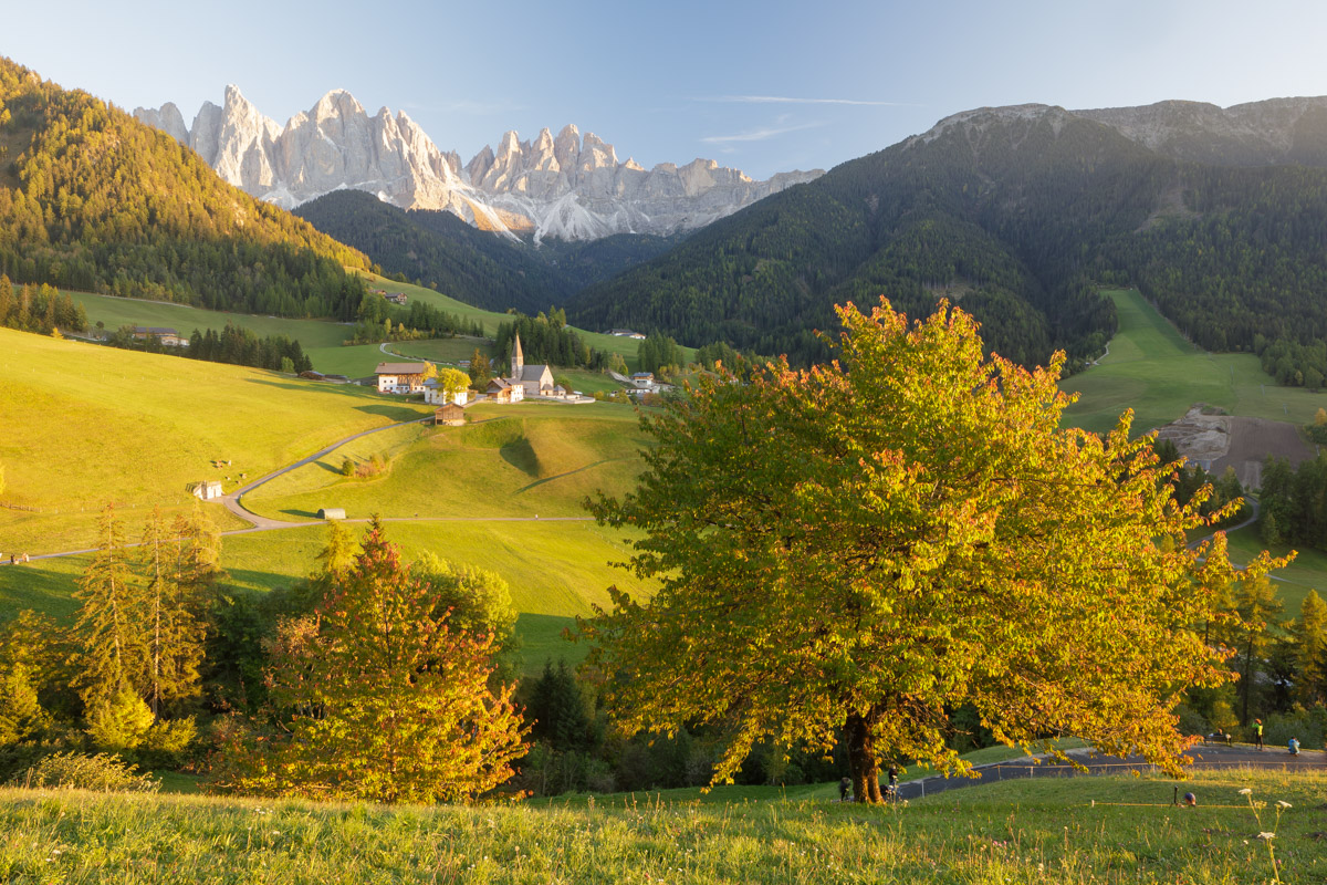 Sunset in Santa Maddelena in the Dolomites.