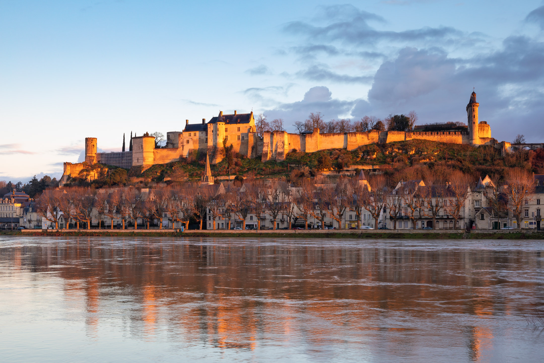 The Chateau de Chinon and river Vienne at sunrise.