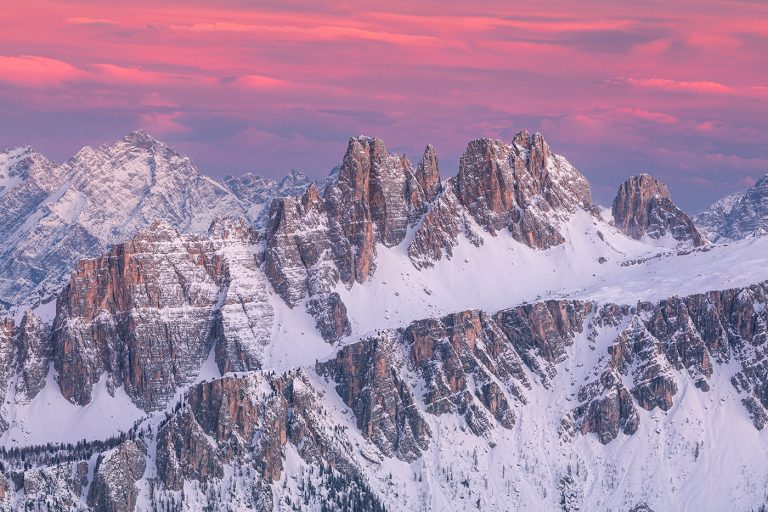 Croda da Lago in winter at sunset