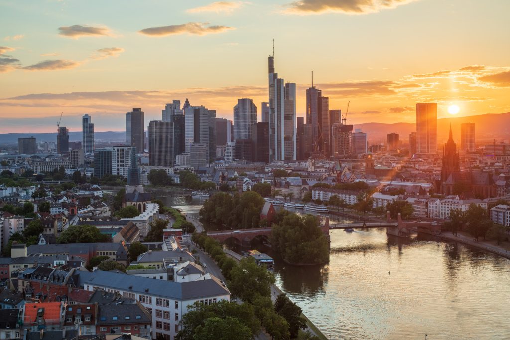 Sunrise over the skyline of Frankfurt in Germany.