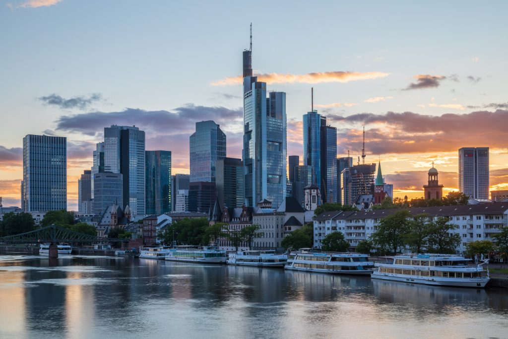 Sunrise over the skyline of Frankfurt in Germany.