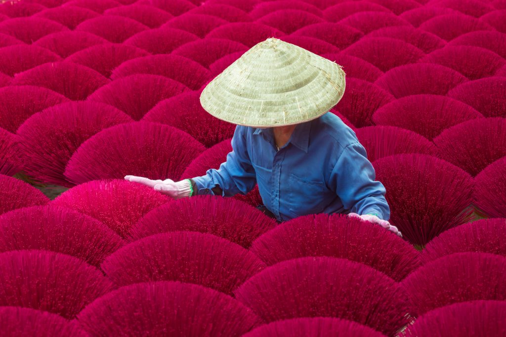 A worker amongst hundreds of incense sticks in Vietnam.