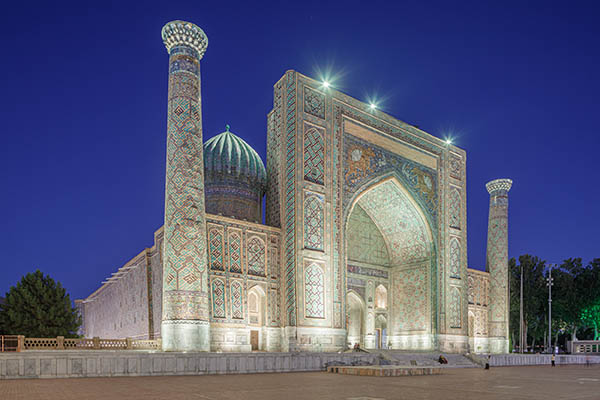 Registan Square at night in Samarkand, Uzbekistan