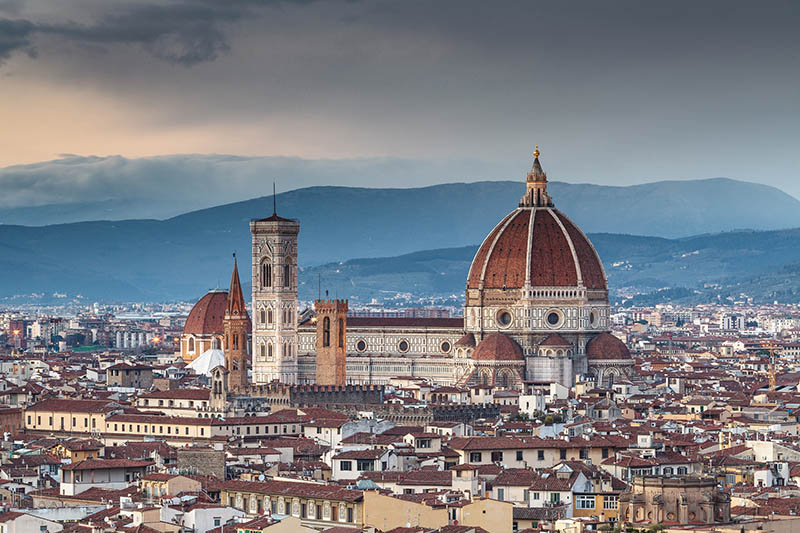 The view from Piazzale Michelangelo over to the historic city of Florence at dusk.