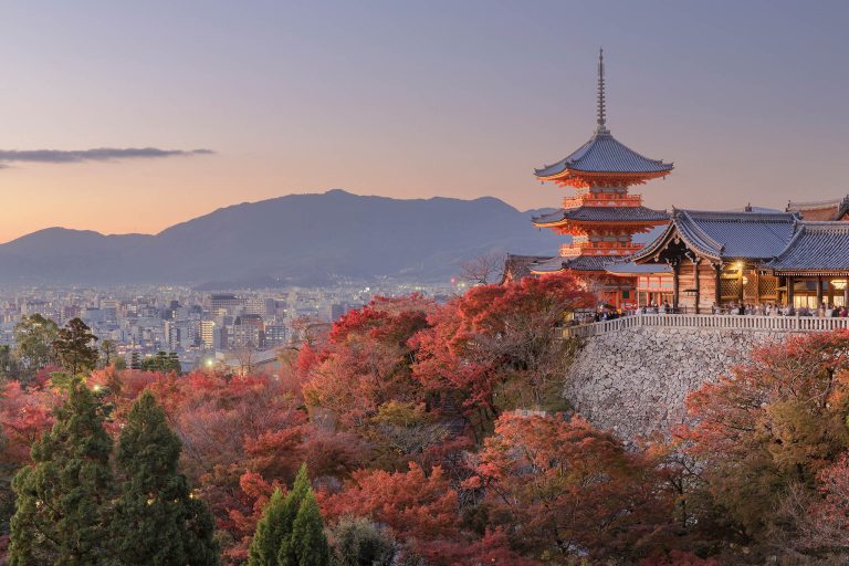 Autumn color at Kiyomizu-dera temple in Kyoto, Japan. Founded in the early Heian period, Kiyomizu-dera temple was founded in 778. It is famous for not having used a single nail in its construction. The temple is part of the Historic Monuments of Ancient Kyoto and is also a UNESCO World Heritage Site.