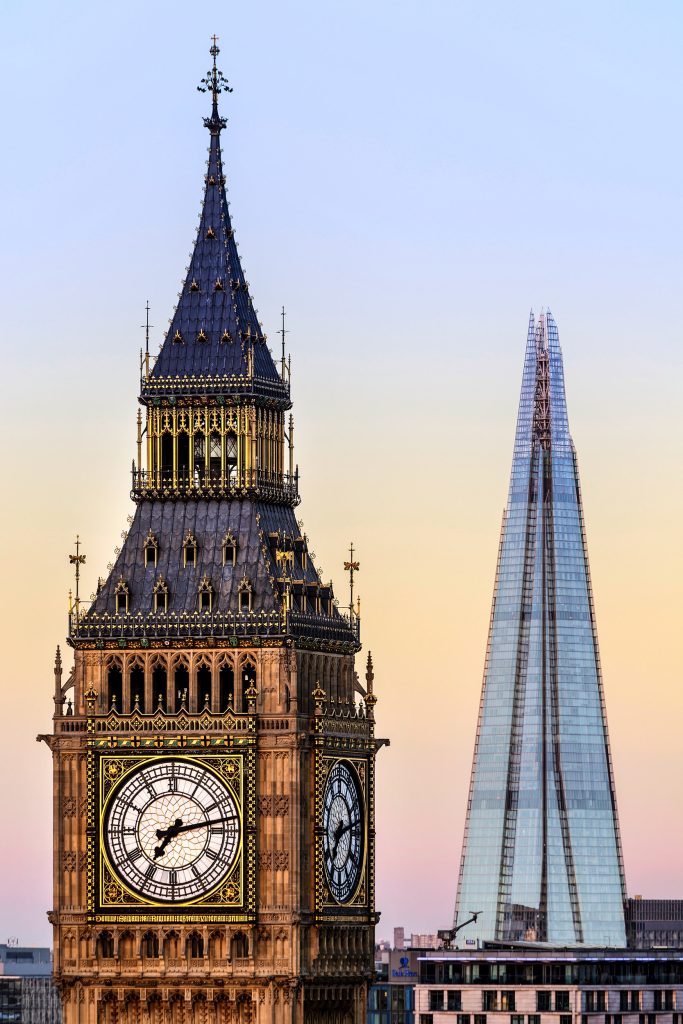 Big Ben and the Shard towering above the London skyline.