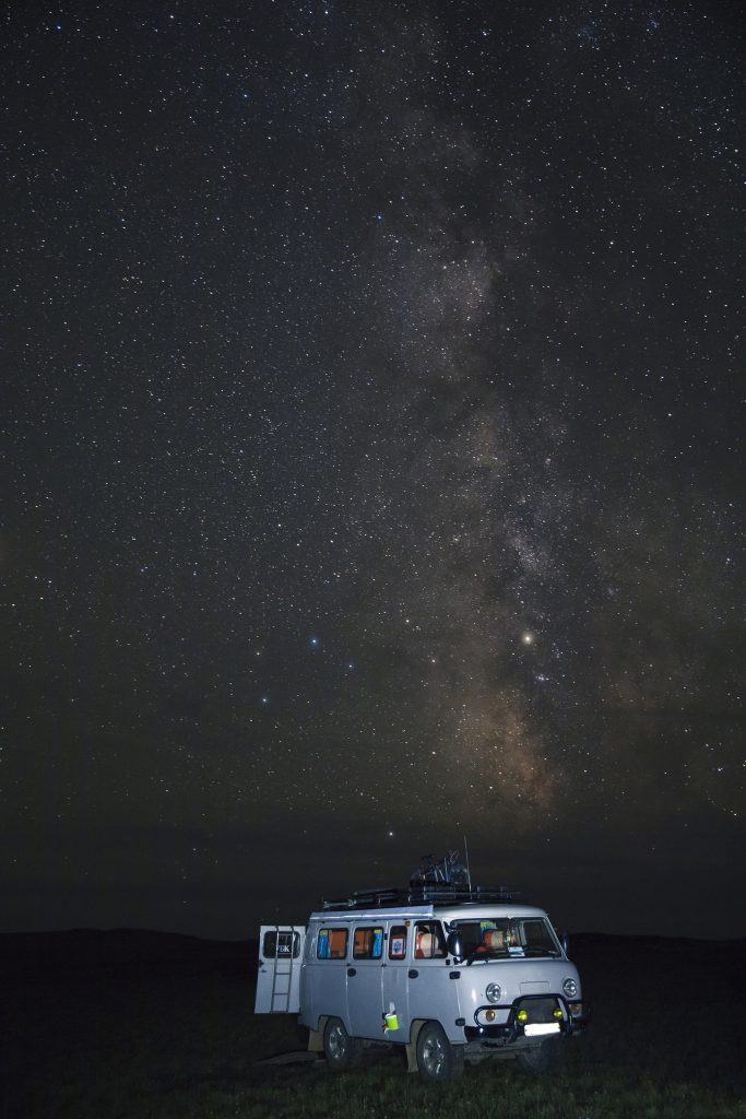 Russian Furgon van under the stars, Mongolia.