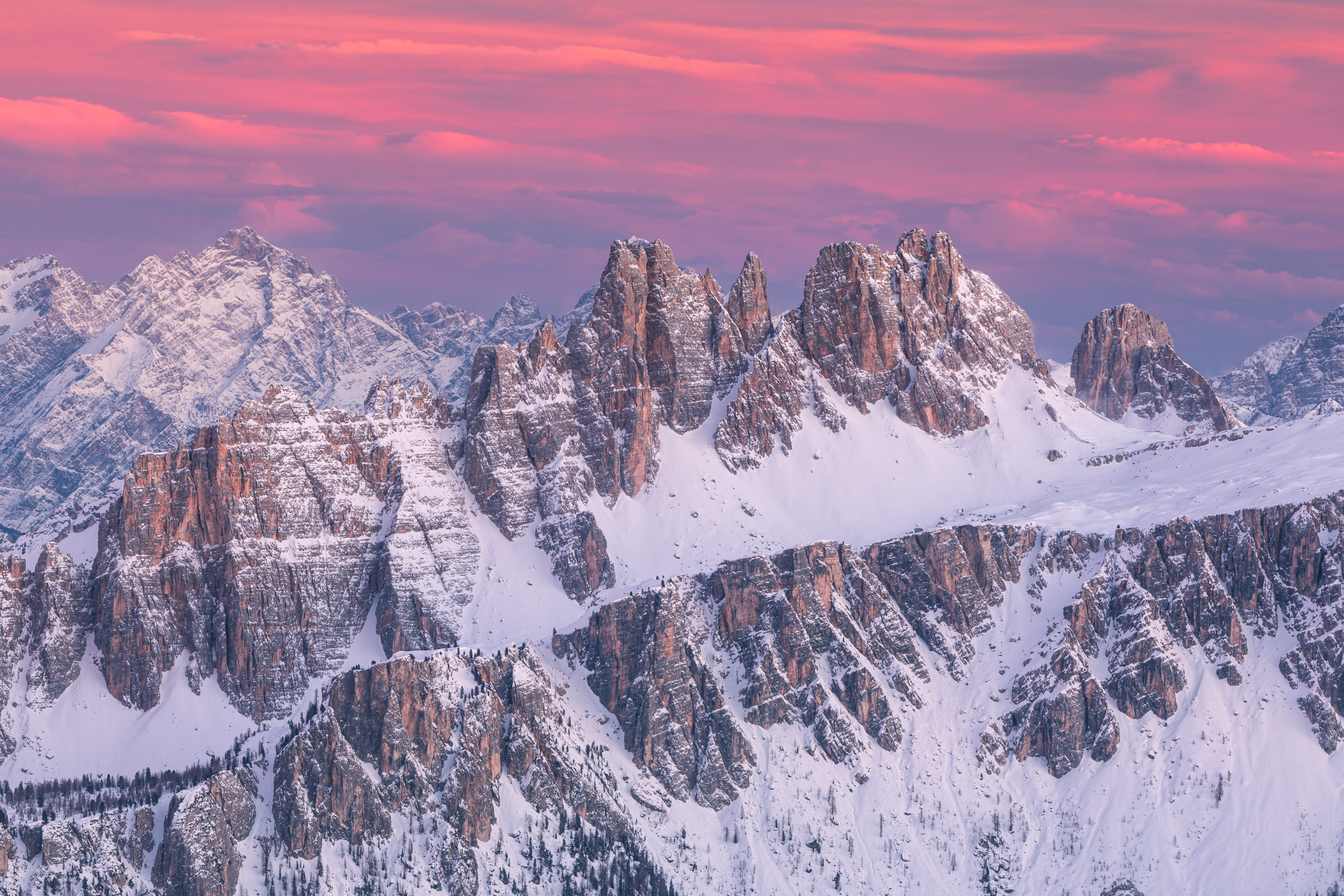 Croda da Lago in winter at sunset. Photographed during the Dolomites winter photography tour.