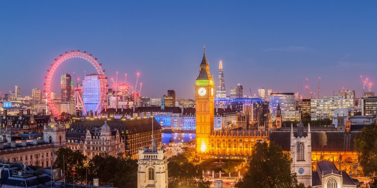 Panorama of the London skyline looking over Westminster and the Houses of Parliament. Photos of London cover image.