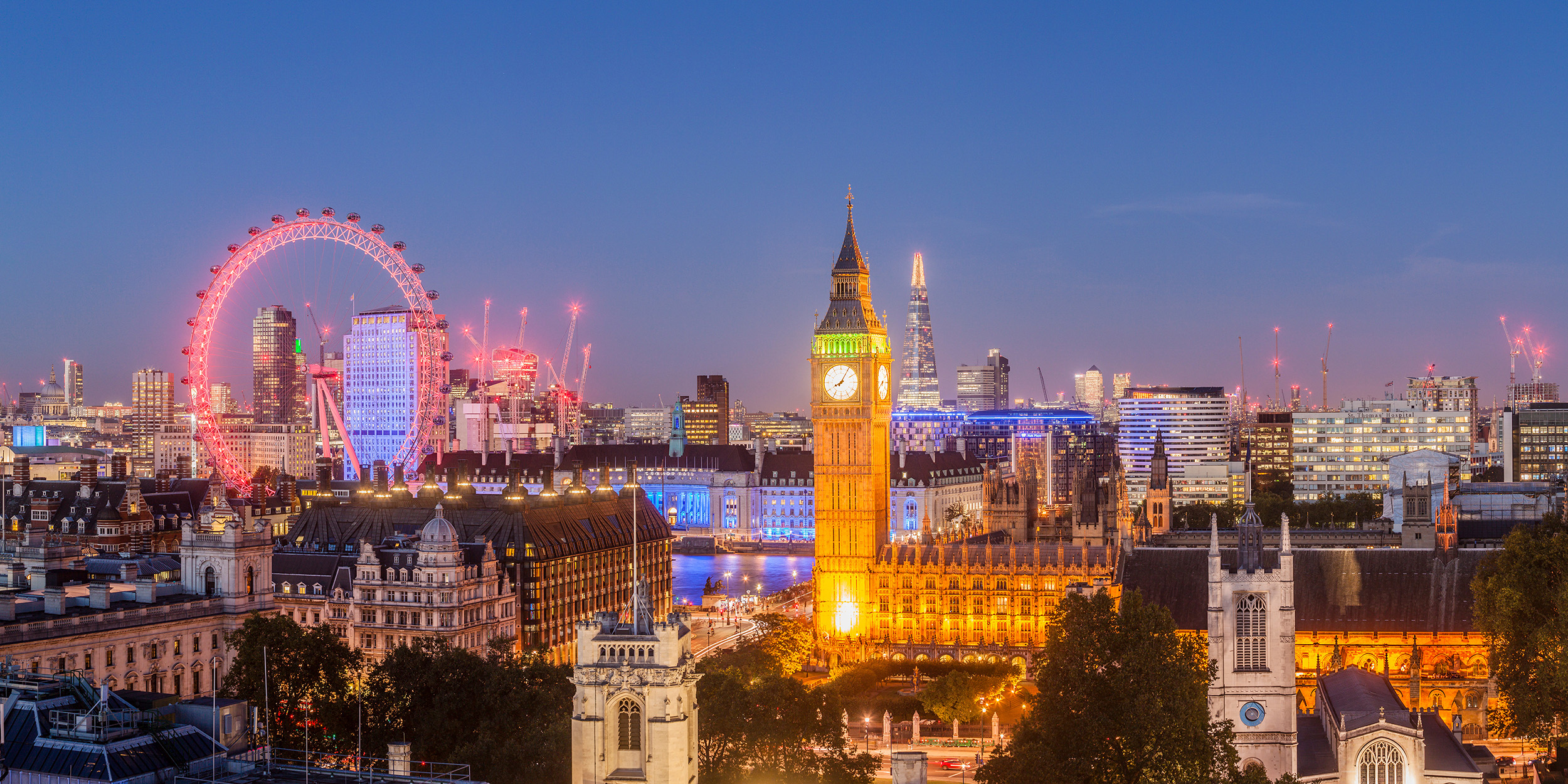 Panorama of the London skyline looking over Westminster and the Houses of Parliament