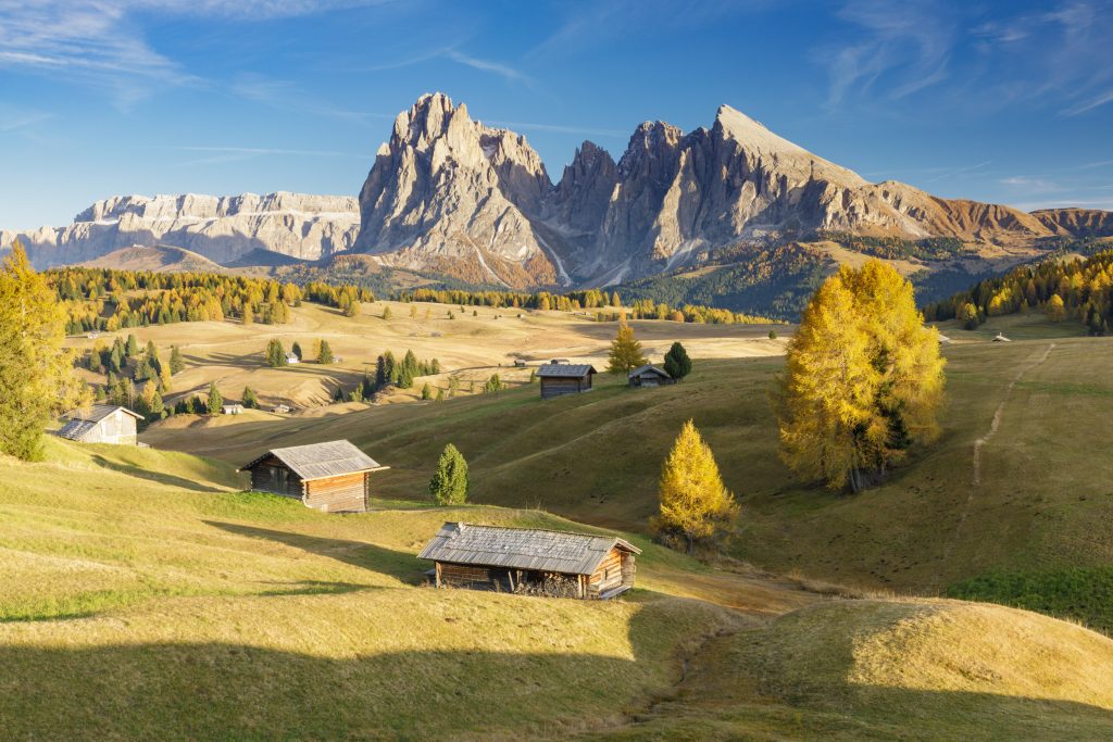 Beautiful autumn colours at sunset on the Alpe Di Siusi (Seiser Alm), Dolomites, Italy.