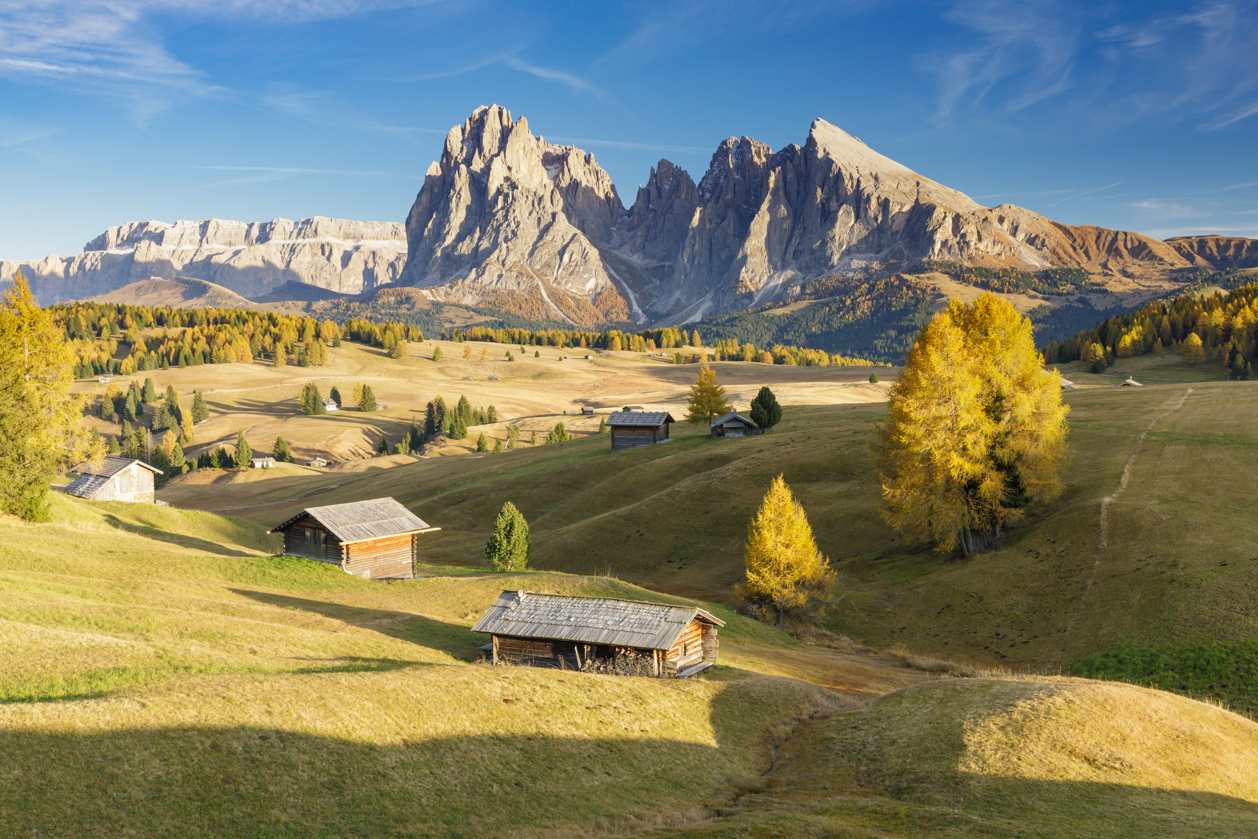 Beautiful autumn colours at sunset on the Alpe Di Siusi (Seiser Alm), Dolomites, Italy.