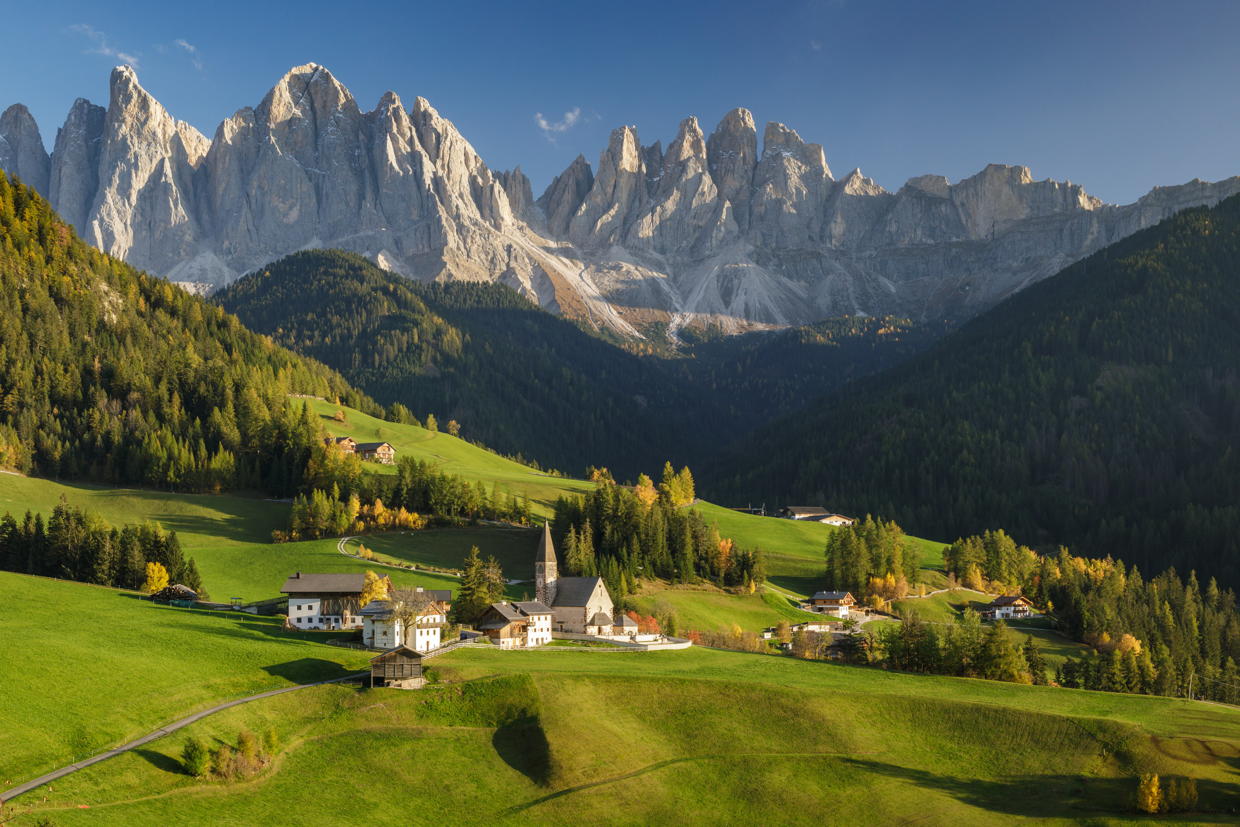 Santa Maddalena Alta and the Val di Funes in the Dolomites, Italy.