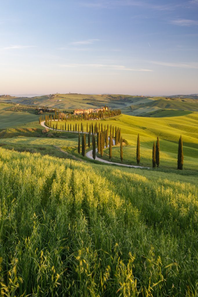 Morning light on Baccoleno in the Crete Senesi, Tuscany.