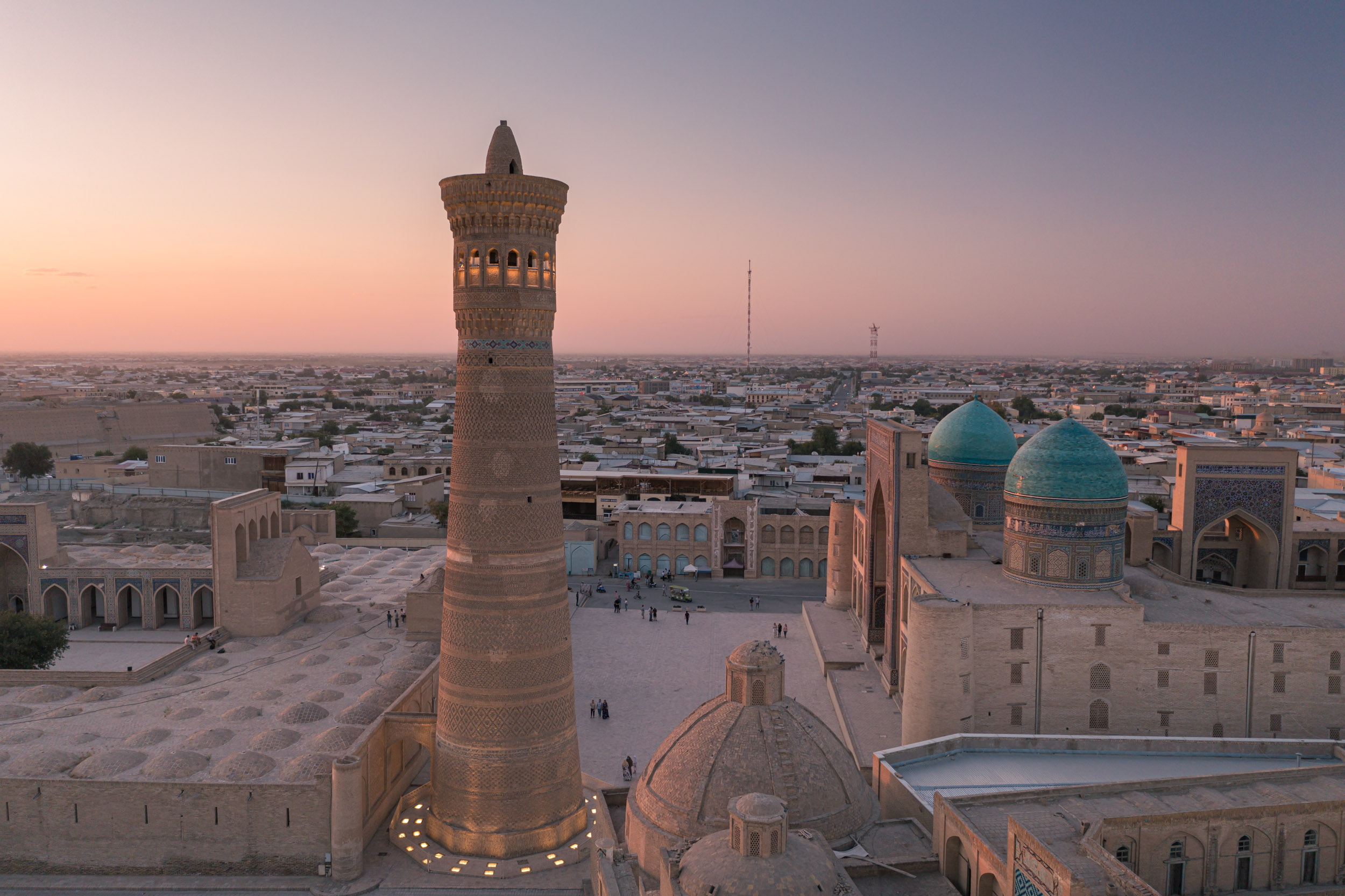 Sunset over the tower of death in Bukhara, Uzbekistan.