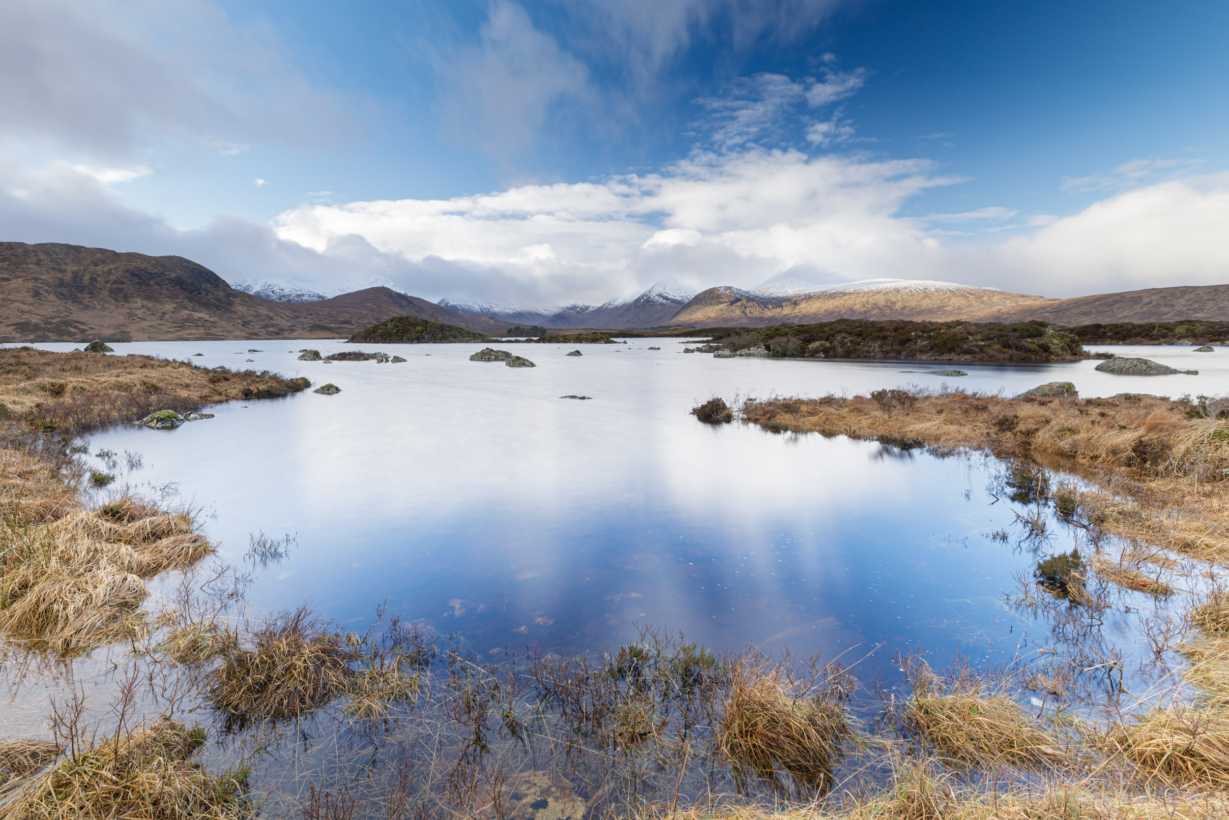 Lochan na-h achlaise on Rannoch Moor in the Scottish Highlands, UK.