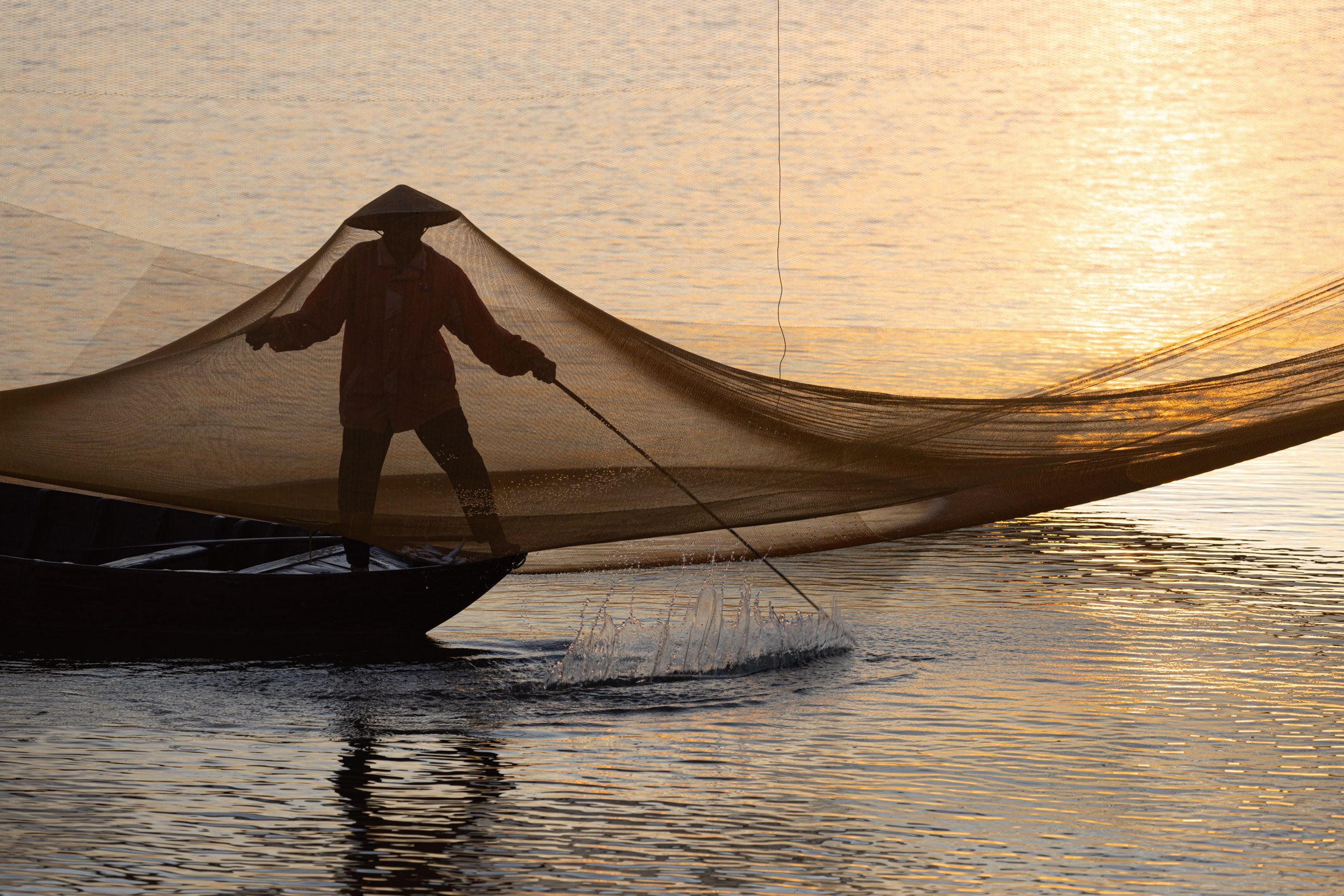 A fisherman at work during sunrise in the near to Quang Nam, Vietnam.