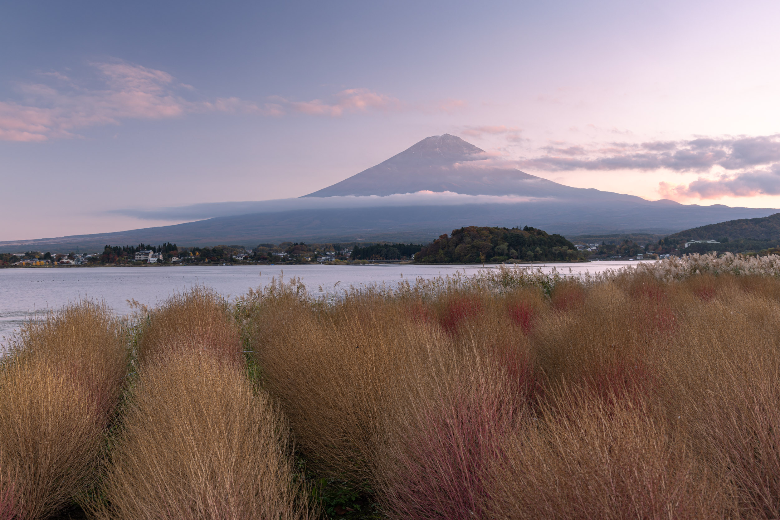 Sunset across Lake Kawaguchi and Mount Fuji in Japan.