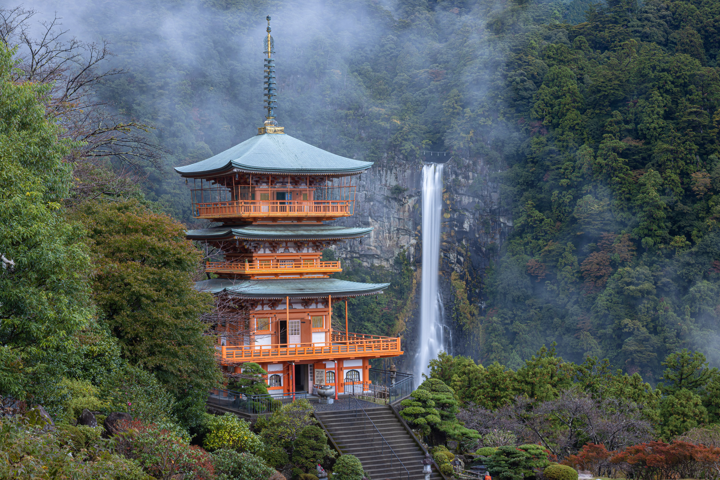 The beautiful Nachi Falls and Seiganto-ji temple in Wakayama, Japan.