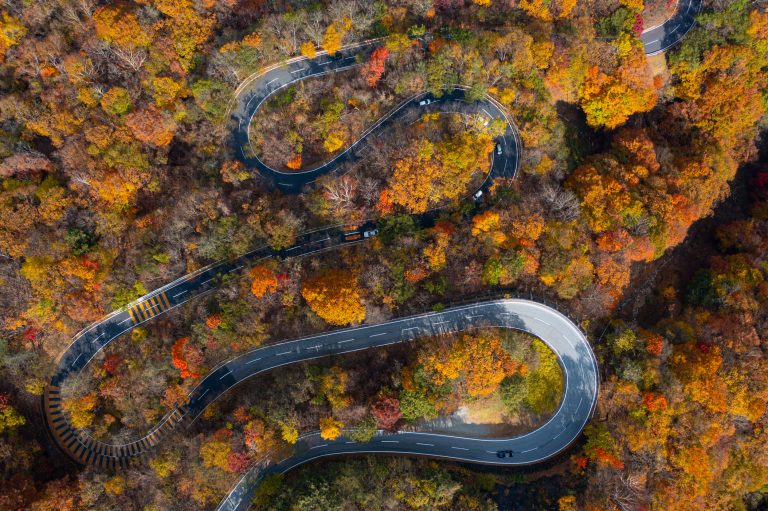 Aerial high-angle view of the Irohazaka Slope in Nikko national park, Japan.
