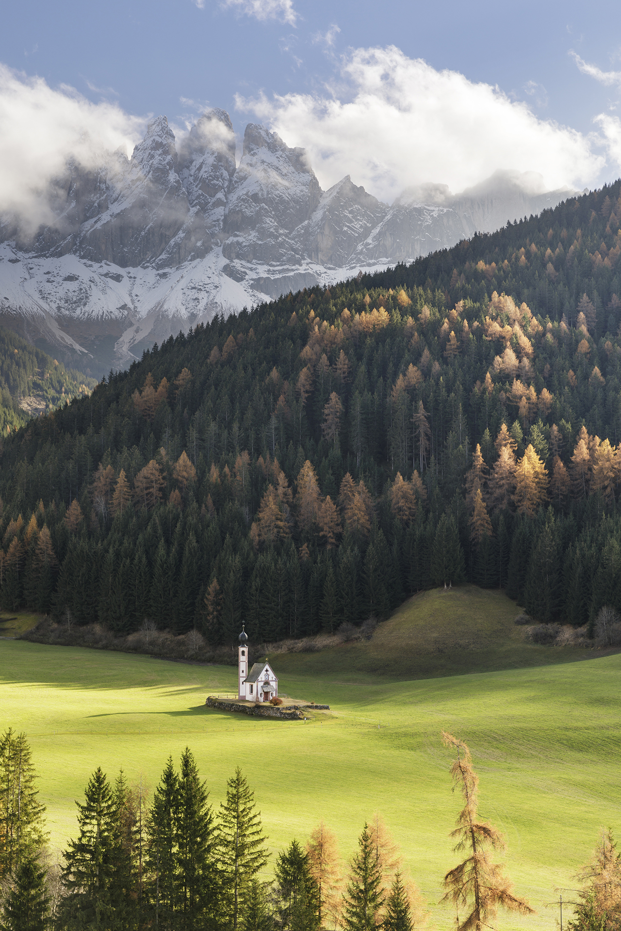 The small church of San Johann in the Val di Funes, Italy.