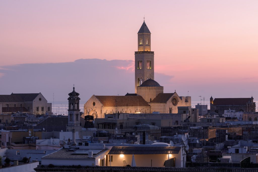 The pre-dawn light over Bari cathedral in Puglia, Italy.