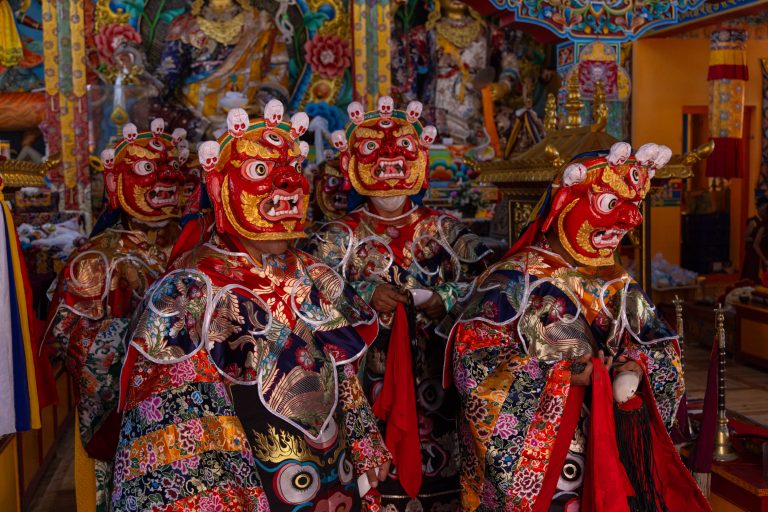 Buddhist monks at the Takthok Tsetu Festival in Ladakh, India.
