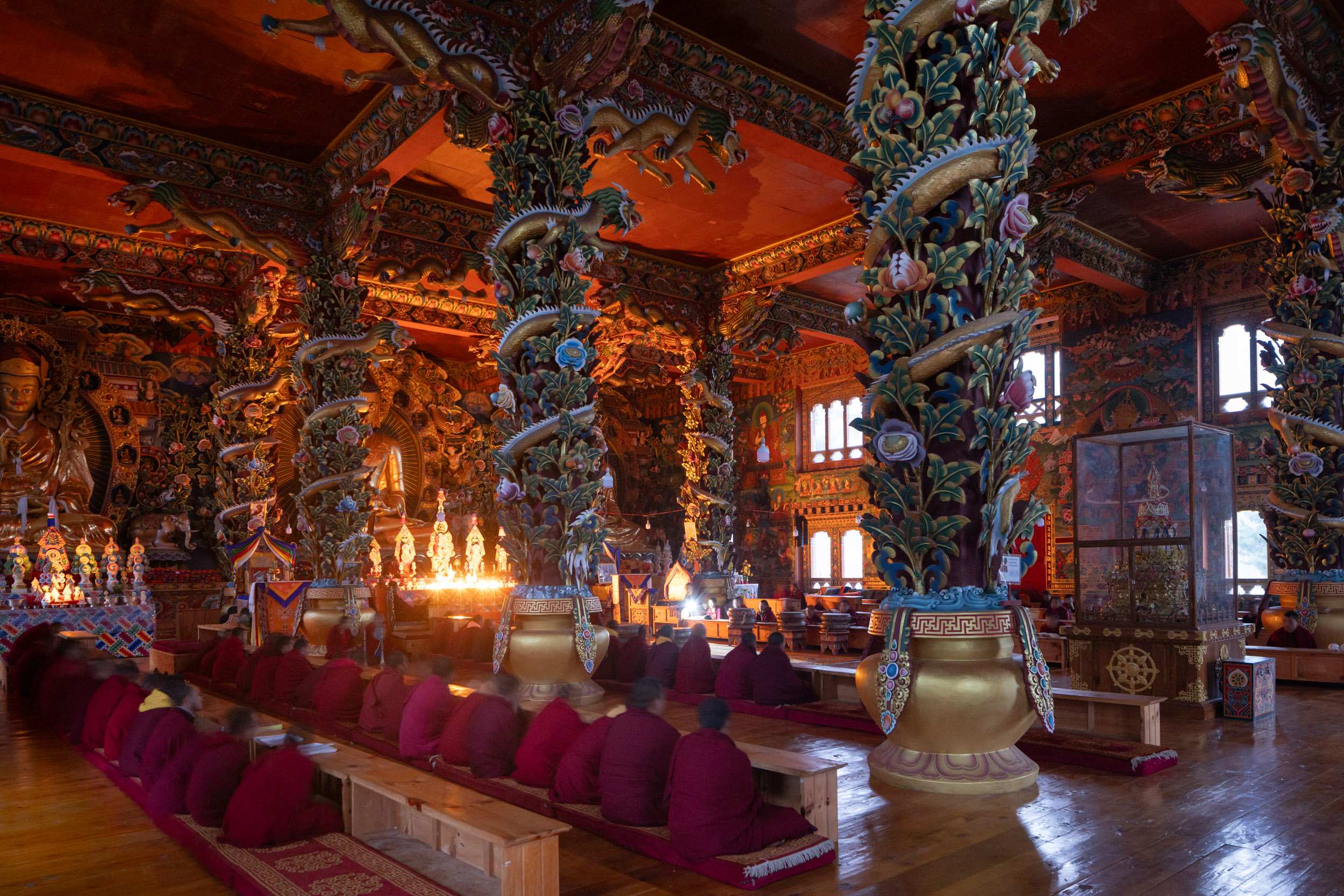 Monks attend prayers in Gangtey Buddhist College, Bhutan.