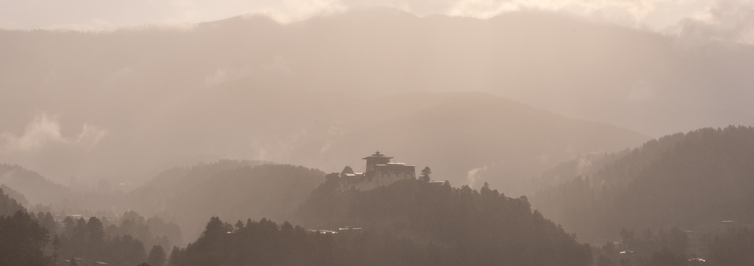 Panorama of Jakar Dzong in Bumthang District, Bhutan.
