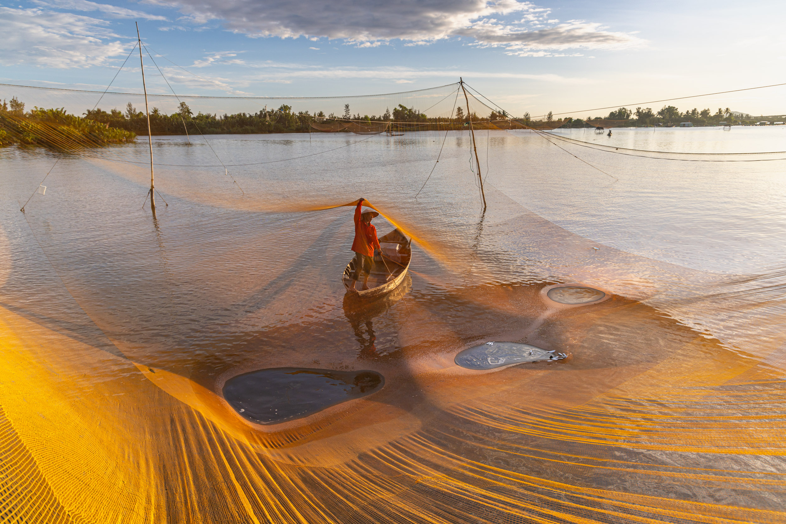 A fisherman at work during sunrise on the Thu Bon river near to Hoi An, Quang Nam, Vietnam.