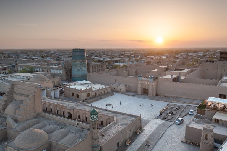 Aerial high-angle view of the Itchan Kala walled city of Khiva in Uzbkeistan.