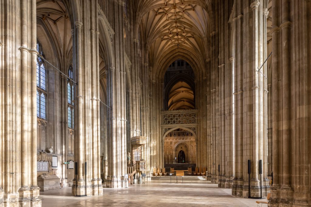 Looking down the nave of Canterbury cathedral in Kent, England, UK.