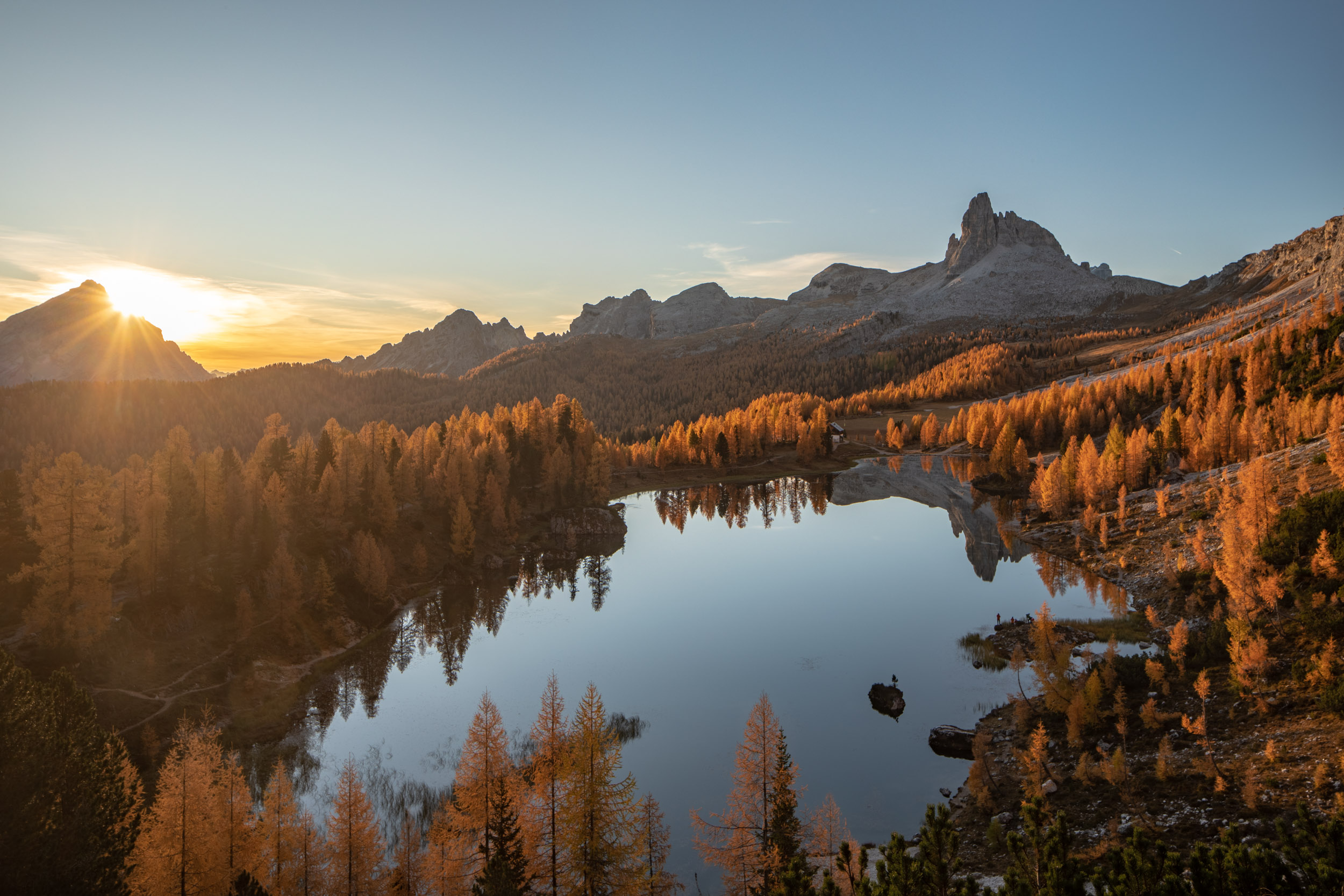 Autumn colour surrounding Croda da Lago, Italian Dolomites, Italy.
