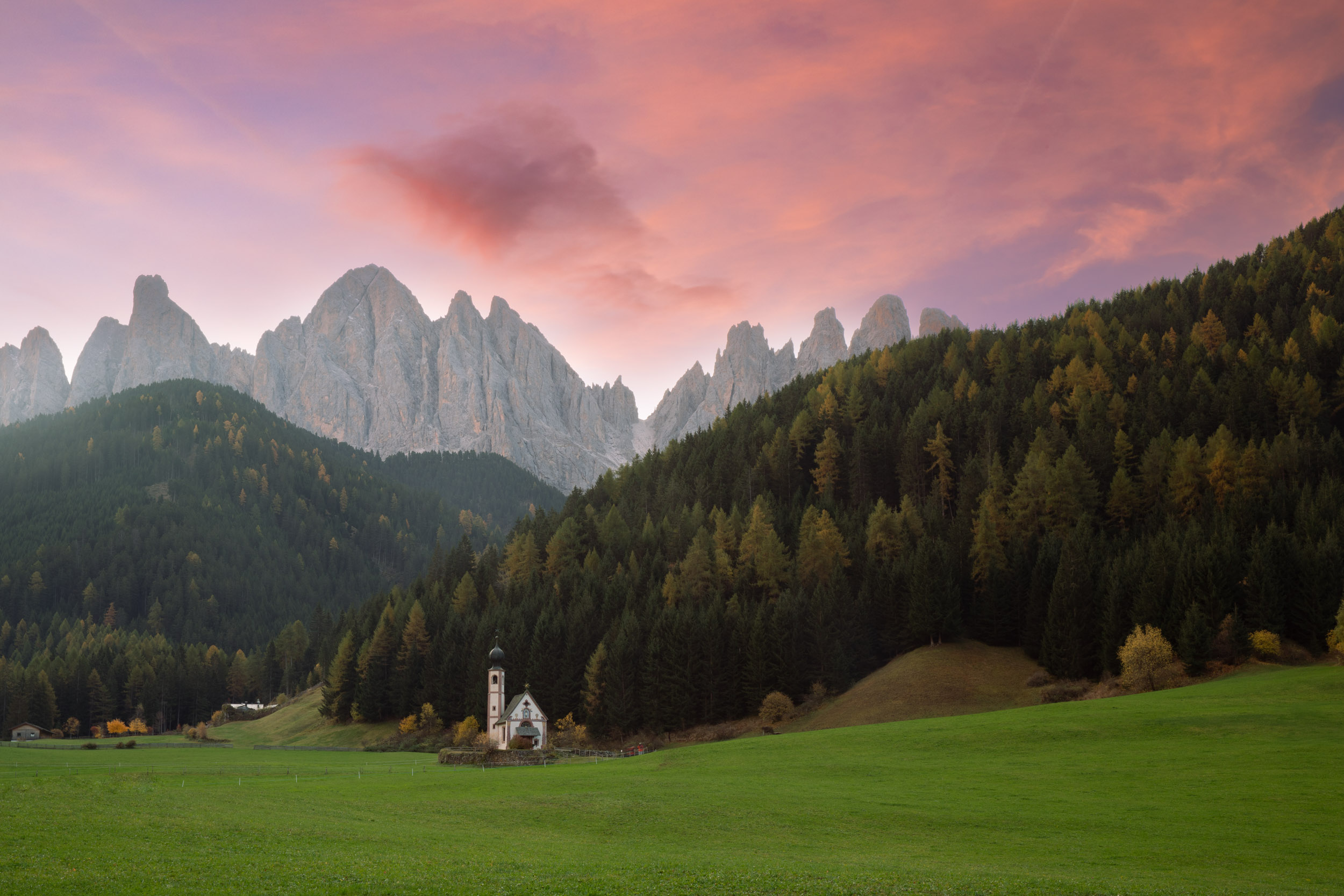 San Johann church in the Val di Funes, Dolomites, Italy.
