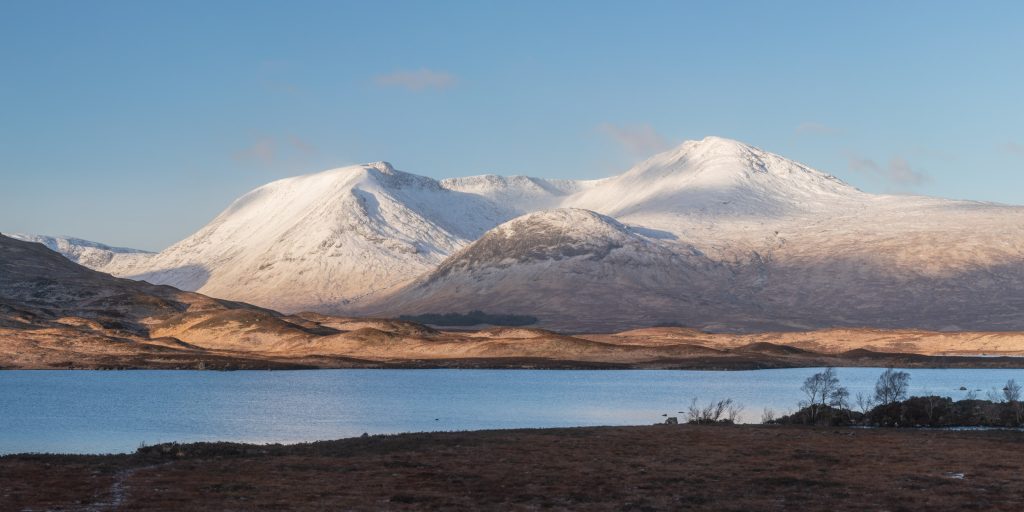 Panorama of the Black Mount and Rannoch Moor in the highlands of Scotland, UK.