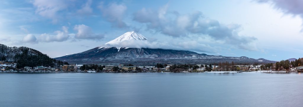 Panorama view of Lake Kawaguchi and Mount Fuji, Kawaguchiko, Japan.