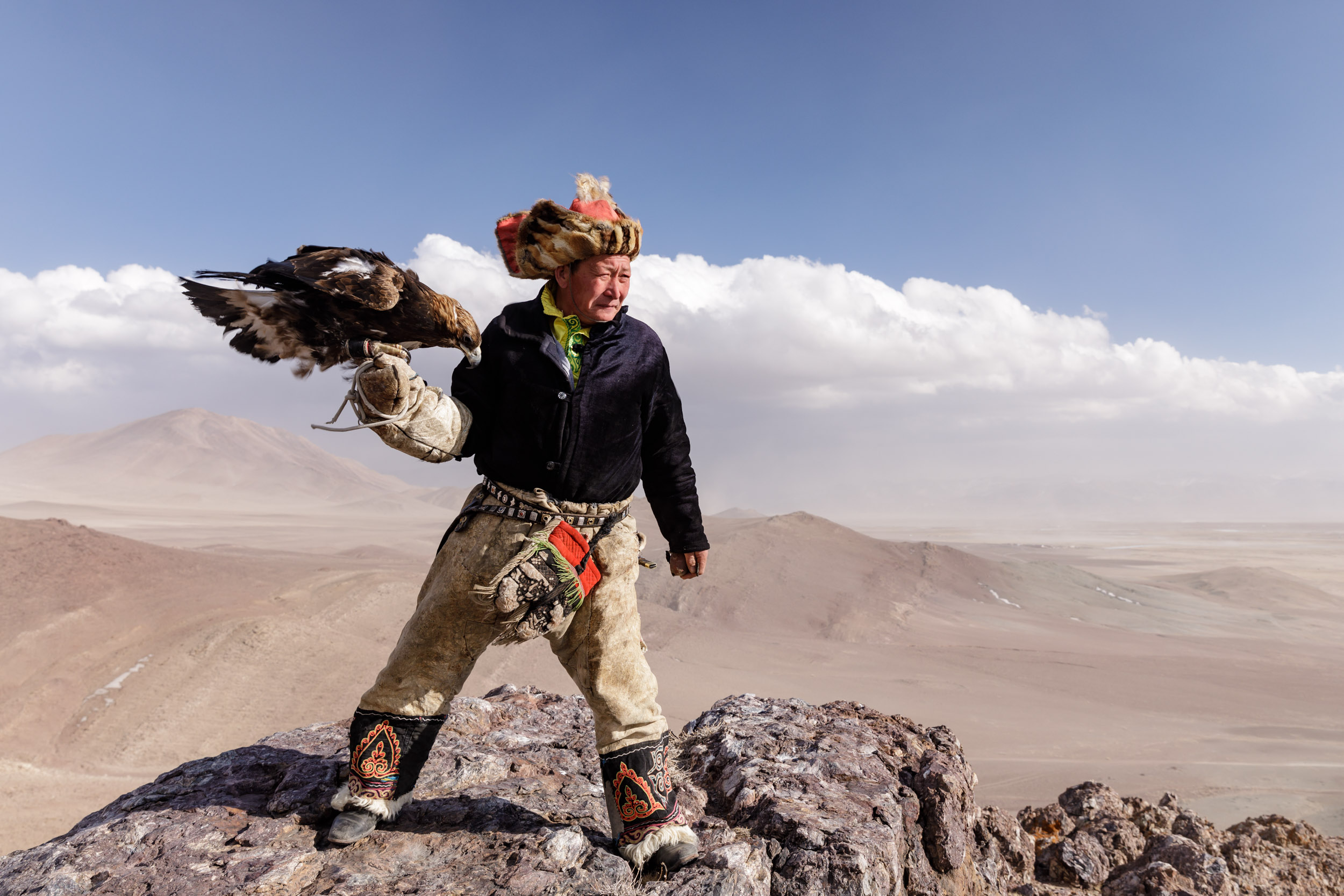 A Kazakh Mongolian eagle hunter and his eagle in the Altai near to Bayan Olgii, Mongolia.